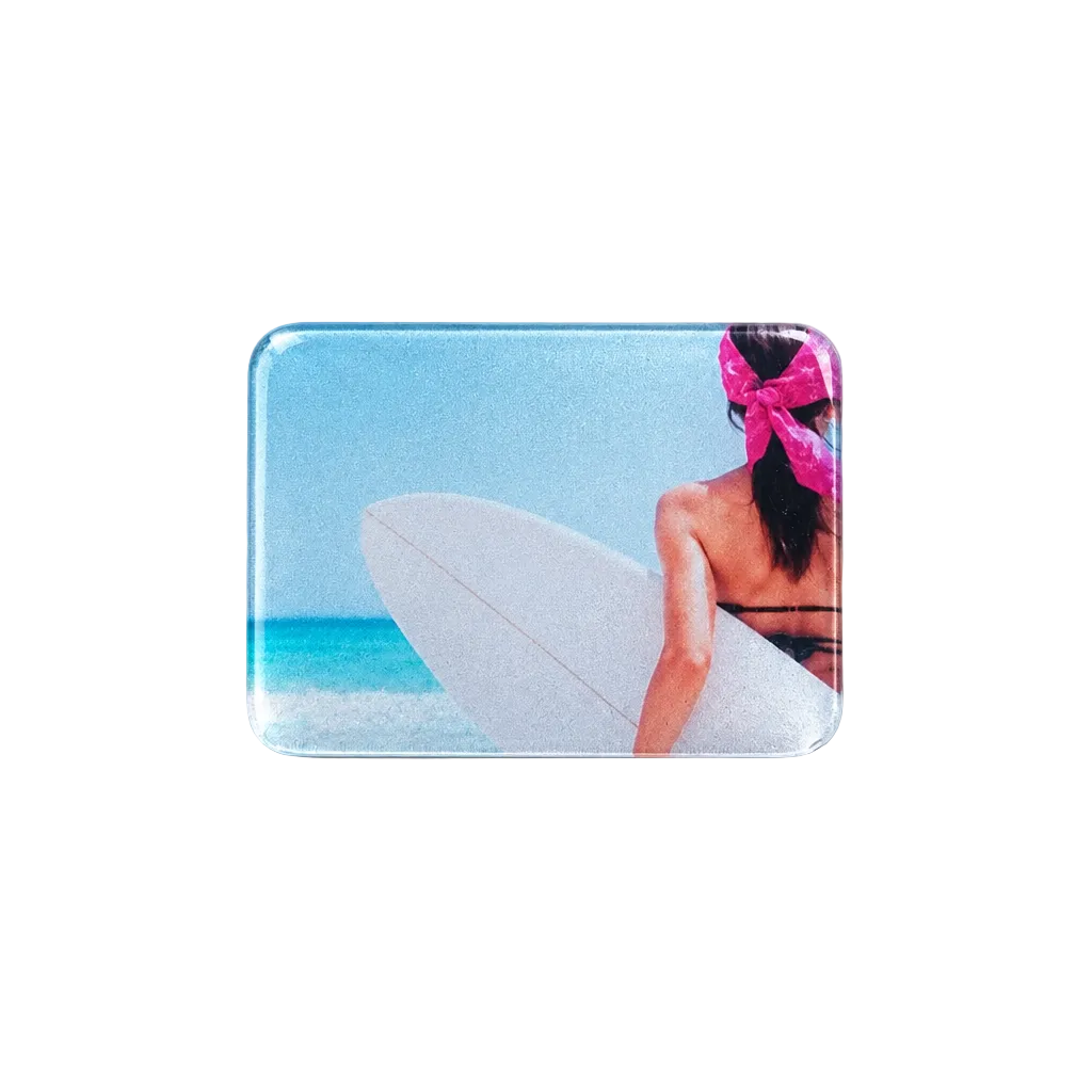 Female Surfer fridge magnet in crystal glass exclusive from punkmagnets 