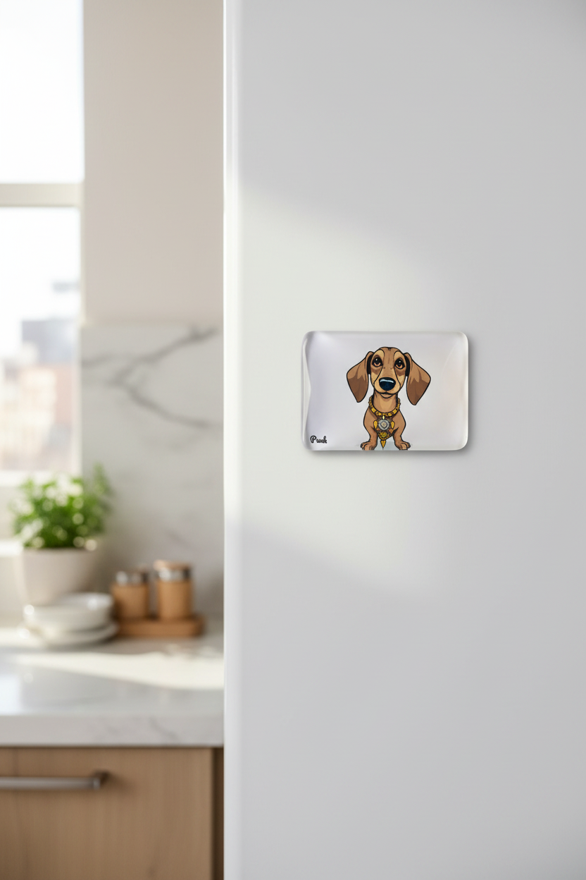 Miniature Dachshund crystal glass fridge magnet lifestyle shot on a white kitchen fridge