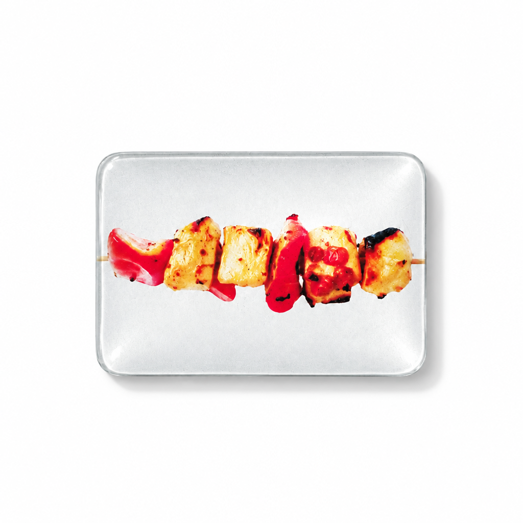 Crystal glass grilled chicken and peppers fridge magnet on a white background