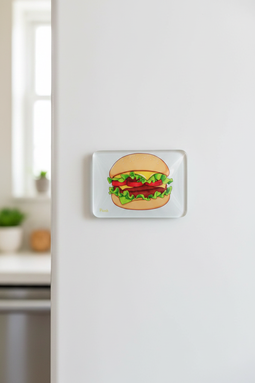 Beefburger Classic crystal glass fridge magnet lifestyle shot on a white kitchen fridge